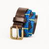 The exclusive Country Direct & Pampeano Royal Horse Artillery Leather Polo Belt, featuring blue and yellow wax thread detailing. 