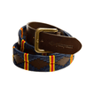 The Country Direct Royal Military Academy Sandhurst Leather Polo Belt, made in partnership with Pampeano, featuring navy-blue, yellow, and red wax thread detailing.
