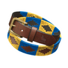 The exclusive Country Direct & Pampeano Worshipful Company of Saddlers Leather Polo Belt, handmade from brown leather, with yellow, blue, and brown wax thread detailing.