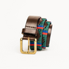 Close-up highlighting the buckle of the Country Direct & Pampeano 29 Commando RA Leather Polo Belt, featuring brown leather, with red, green, and blue thread detailing. 