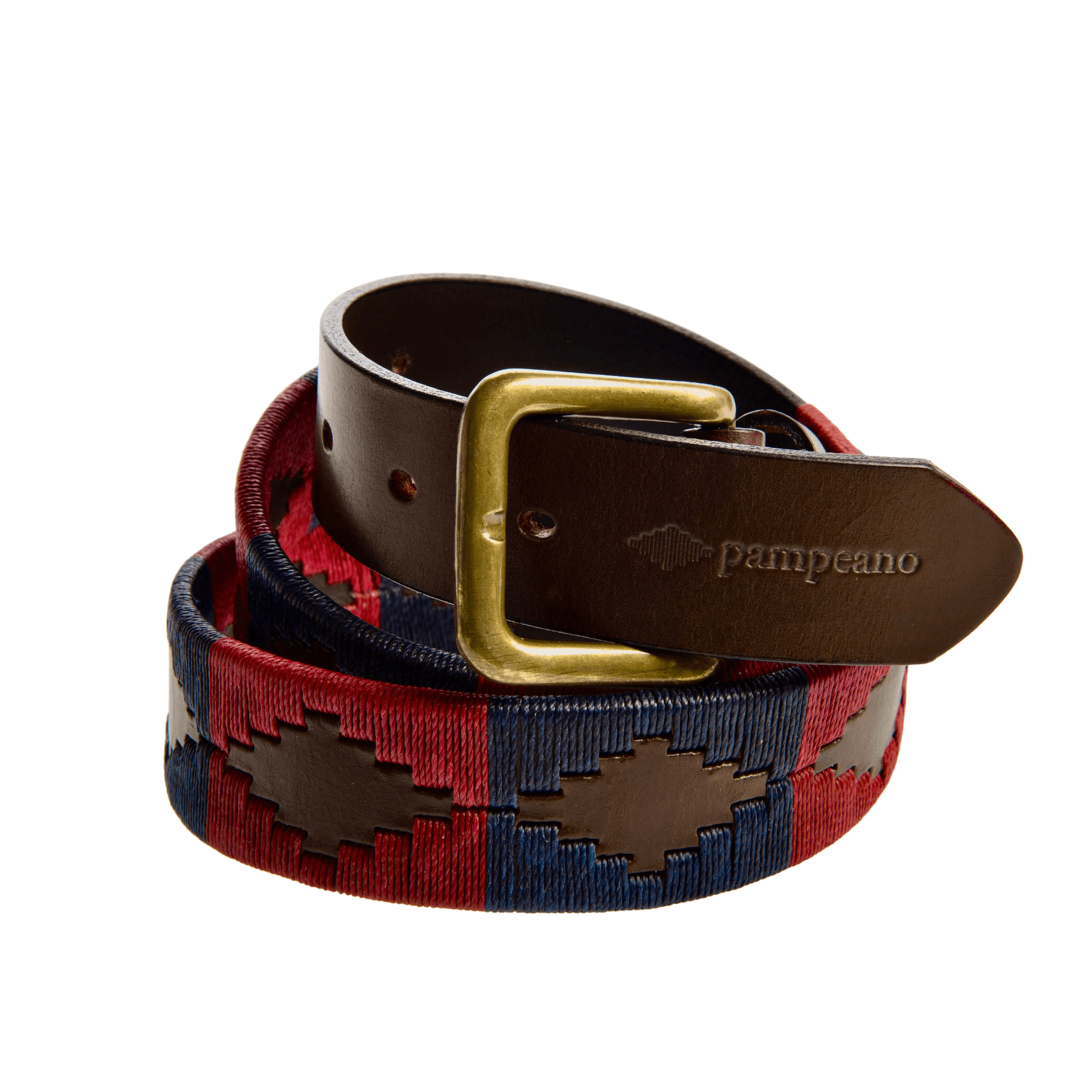 Close-up of the Country Direct & Pampeano Household Division Leather Polo Belt, featuring brown leather, with red and navy thread detailing.