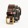 Close-up highlighting the buckle of the Country Direct & Pampeano Intelligence Corps Leather Polo Belt, featuring brown leather, with red, green, and white thread detailing. 