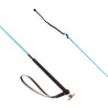 Close-up of the Country Direct Leather Polo Whip in sky blue, with nylon braided shaft with pull through lash, smooth leather handle and hard wearing leather hoop handle. 