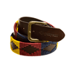 Close-up highlighting the buckle of the Country Direct & Pampeano Royal Army Medical Corps Leather Polo Belt, featuring red, blue, and yellow wax thread detailing.