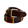 The exclusive Country Direct & Pampeano Royal Army Veterinary Corps Leather Polo Belt, featuring yellow, red, and navy-blue wax thread detailing.