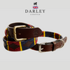 The Country Direct Royal Army Veterinary Corps Leather Polo Belt and matching Dog collar, made in partnership with Pampeano, featuring red, blue, and yellow wax thread detailing.