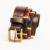 Close-up highlighting the buckle of the Country Direct & Pampeano Royal Army Veterinary Corps Leather Polo Belt, featuring red, navy-blue, and yellow wax thread detailing.