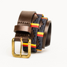 Close-up highlighting the buckle of the Country Direct & Pampeano Royal Electrical & Mechanical Engineers Leather Polo Belt, featuring red, blue, and yellow wax thread detailing.