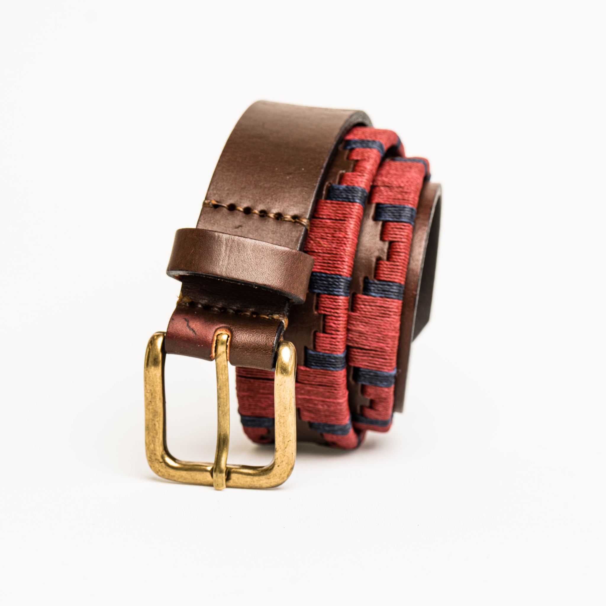 Close-up highlighting the buckle of the Country Direct & Pampeano Royal Engineers Leather Polo Belt (Sapper) featuring red and navy-blue wax thread detailing.