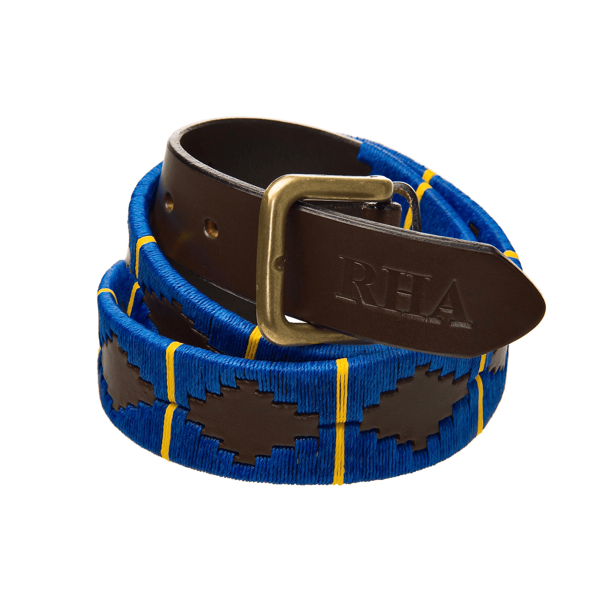 The Country Direct & Pampeano Royal Horse Artillery Leather Polo Belt, featuring yellow and blue wax thread detailing.