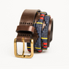 Close-up highlighting the buckle of the Country Direct & Pampeano Royal Logistic Corps Leather Polo Belt, featuring navy-blue, red, and yellow wax thread detailing.