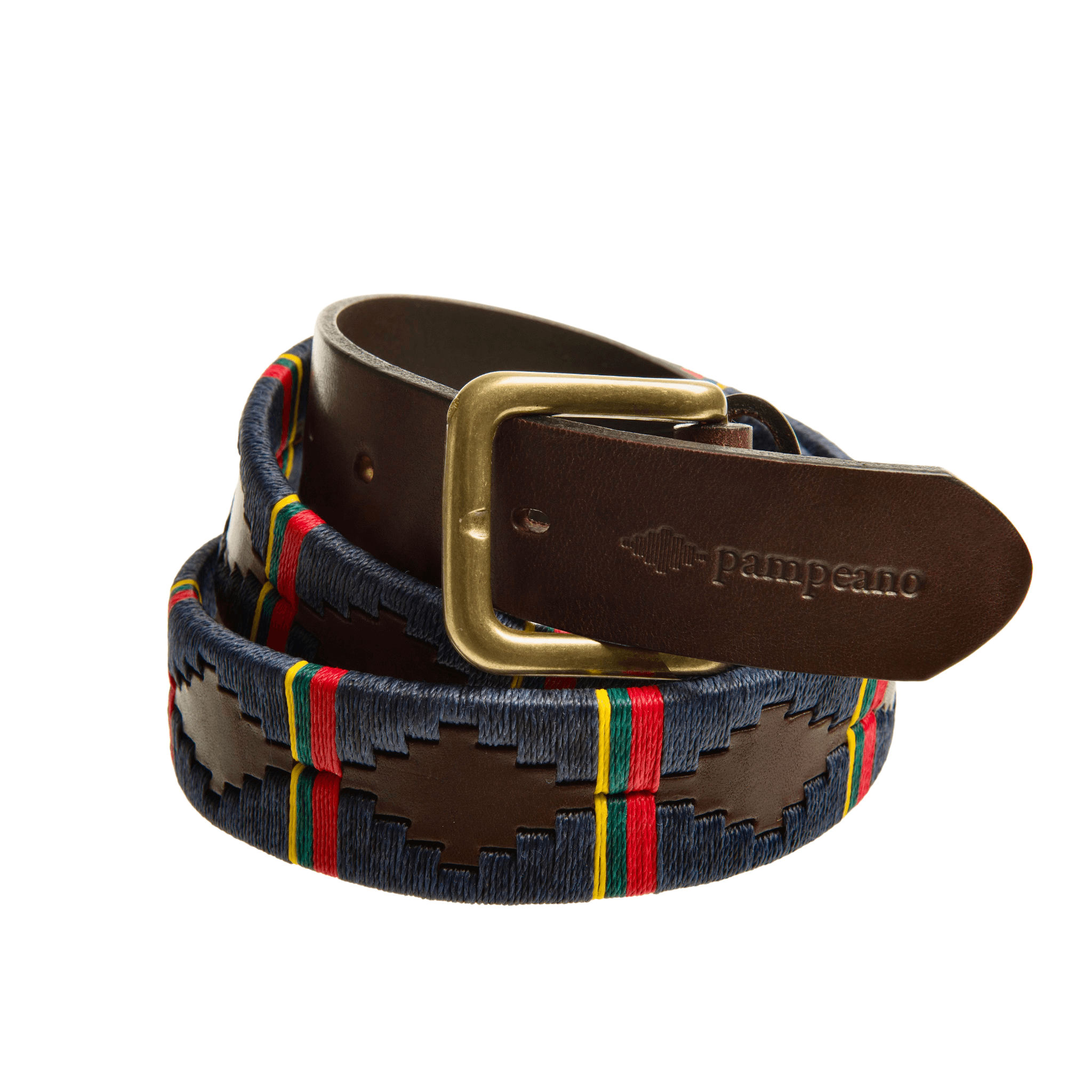 The exclusive Country Direct & Pampeano Royal Marine Commando Leather Polo Belt, featuring navy-blue, yellow, red, and green wax thread detailing. 