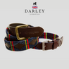 The Country Direct Royal Marines Leather Dog Collar and matching Leather Polo Belt, made in partnership with Pampeano, featuring red, navy-blue, green, and yellow wax thread detailing. 
