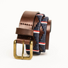 The Country Direct Royal Navy Polo Association Leather Polo Belt, made in partnership with Pampeano, featuring white, navy-blue, and red wax thread detailing.