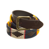 The exclusive Country Direct & Pampeano Rowallan Company (RowCo) Leather Polo Belt. Made with the finest leather, featuring yellow, red, navy blue, and neutral white wax thread detailing. 