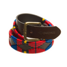 The Country Direct Royal Artillery Leather Polo Belt made in partnership with Pampeano, featuring red, blue, and yellow wax thread detailing. 