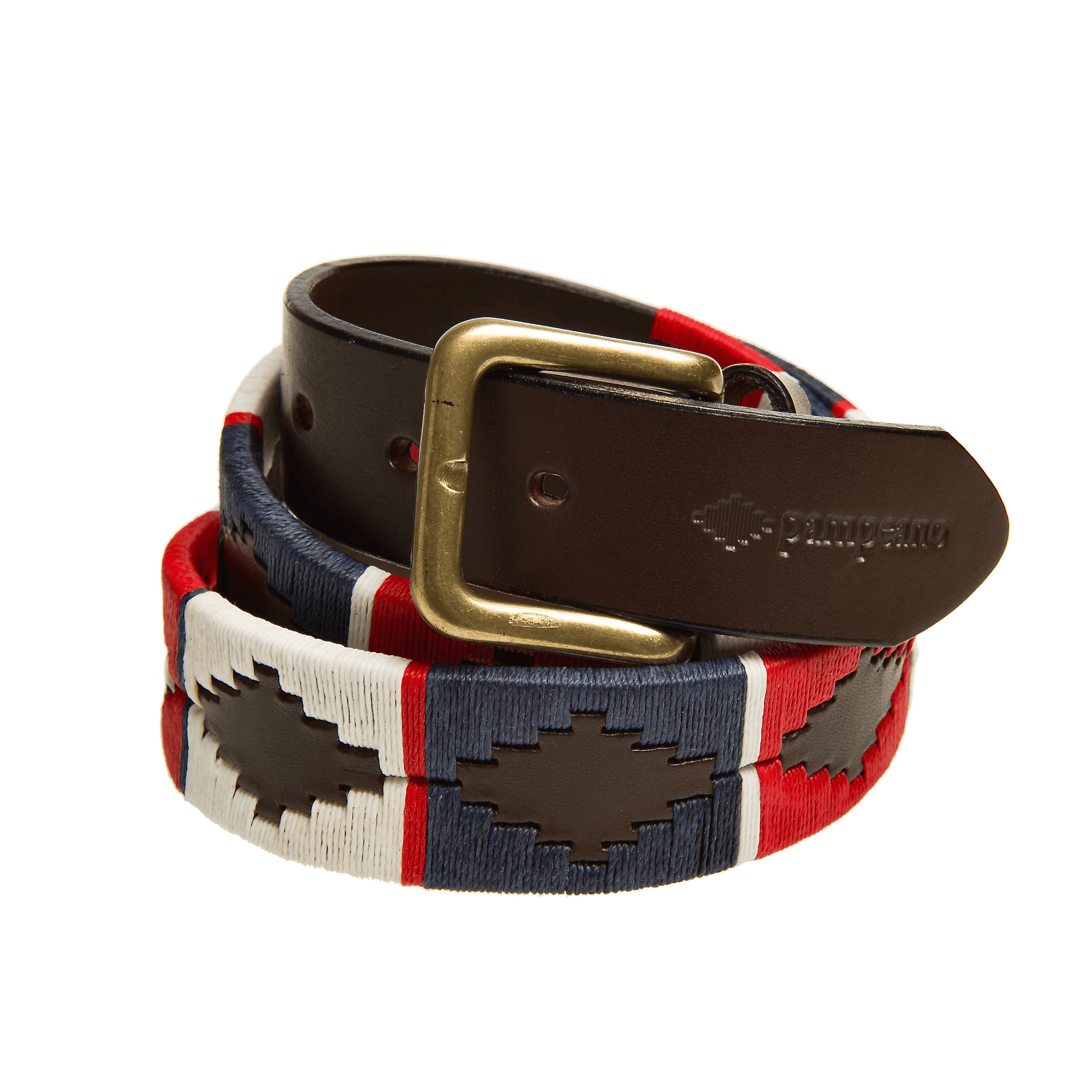 The Country Direct Royal Navy Leather Polo Belt, made in partnership with Pampeano, featuring red, navy-blue, and white wax thread detailing.