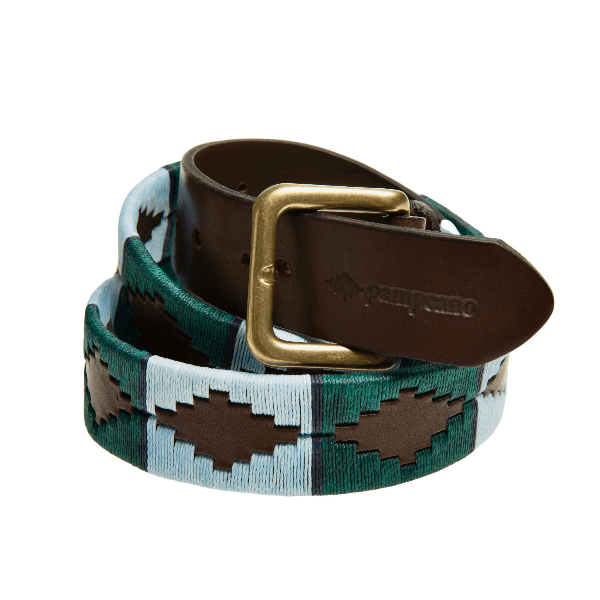 The exclusive Country Direct & Pampeano Royal Signals Leather Polo Belt, featuring light-blue, green, and brown wax thread detailing. 