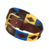 The Worshipful Company of Saddlers Leather Polo Belt by Country Direct & Pampeano, made from brown leather and yellow, blue, and brown wax thread detailing.