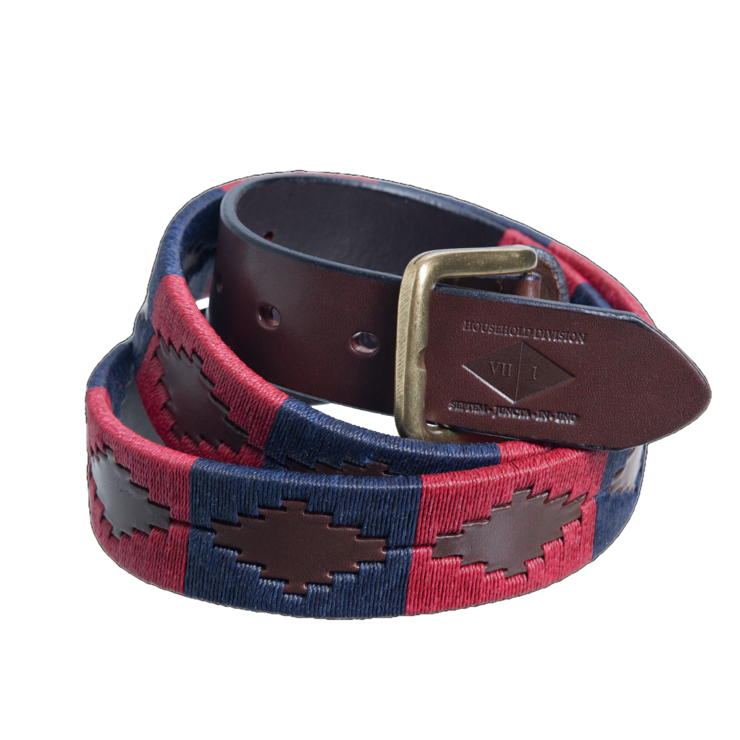 The Country Direct & Pampeano Household Division Leather Polo Belt, made with premium brown leather, with red and navy thread detailing.