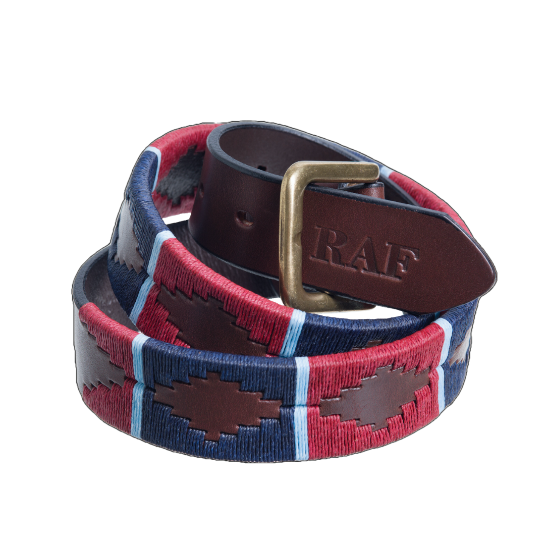 The Country Direct & Pampeano Royal Air Force Leather Polo Belt, featuring red and blue wax thread detailing.